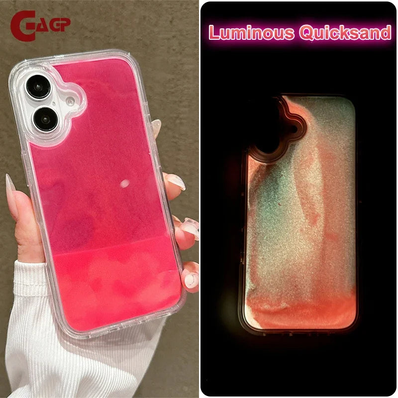 حافظة هاتف متحركة مضيئة رملية مقاس 16 بوصة لهاتف iPhone 14 15 Pro Max Shell Glow in Dark Liquid Glitter Quicksand Hard Fundas Coque