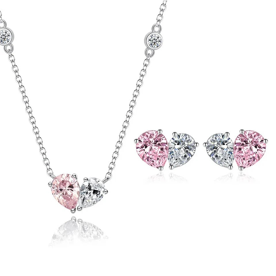 Romantic Pink Cubic Zirconia Heart Jewelry Sets for Women Fashion Water Drop Earrings Necklace