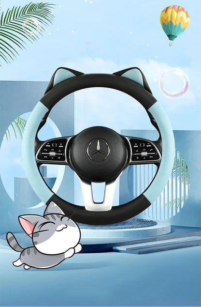 Car Steering Wheel Cover with Cat Ears Anti-slip Wear-resistant Technology Cloth Car Handle Cover Four Seasons