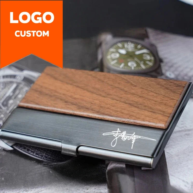 Customized Logo Wooden Stainless Steel Business Card Box Case Laser Engraving Wood Clip Personalized Cardcase Activities Gifts