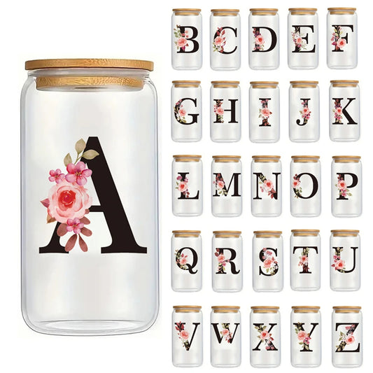 Alphabet Flowers Drinking Glass Letter A-Z Iced Coffee Water Juice Bottle