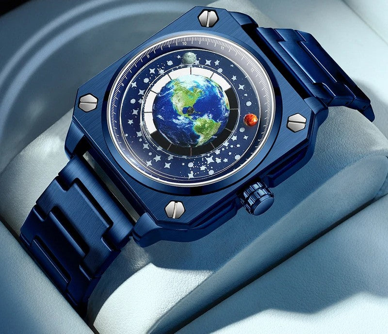 new concept wandering earth pattern men watch square blue planet rotating stainless steel waterproof quartz