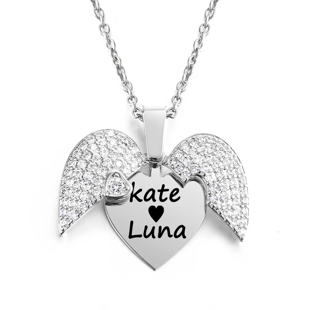 Personalized Women Chain Necklace Custom Engraved Heart Name Openable Heart Crystal Wings Pendant Neklace