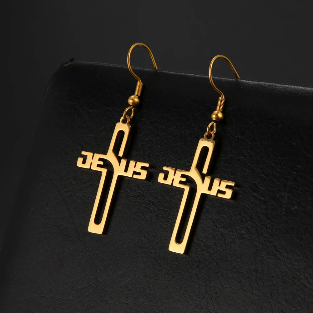 Christian Jesus Cross Dangling Earrings for Women Girls Stainless Steel