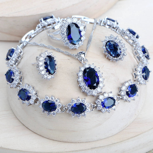 Silver 925 Women Jewelry Sets Blue Cubic Zirconia