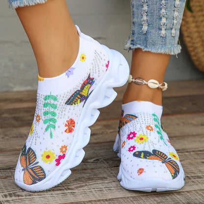 Butterfly Printed Sock Sneakers for Women, Crystal Floral Knitted Sneakers