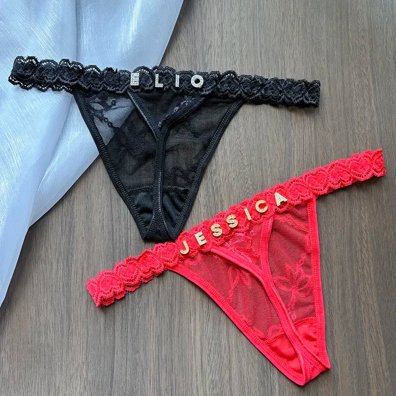 Personalized Custom Name Crystal Letter Thong Lace Bikini Panties