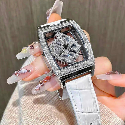 Fashionable Elegant Wine Barrel Shaped Ladies' Watch With Transparent Back & Rhinestone Detail Quartz Movement Watch, Rotatable