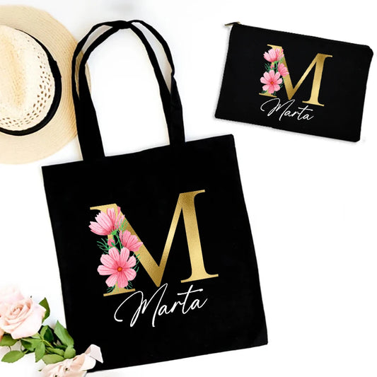 Personalized Shoulder Bag & Makeup Bag Set Initial with Name Bags Bachelorette Party Bag Birthday Proposal Wedding Gift for Her