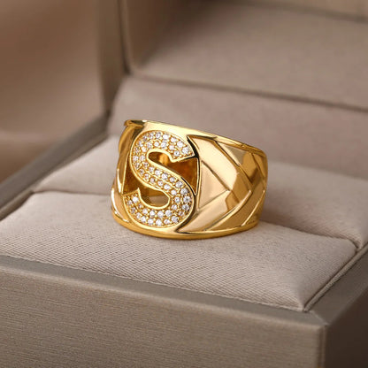 A-Z Letters Rings For Women Zircon Opening Gold Color Opening Ring Initials Alphabet