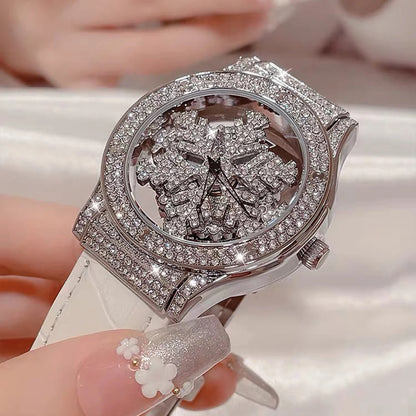 Women's Watch With Transparent Back, Diamond Inlay, Rotatable Starry Sky Dial, Snow Flake Pattern, Water Resist