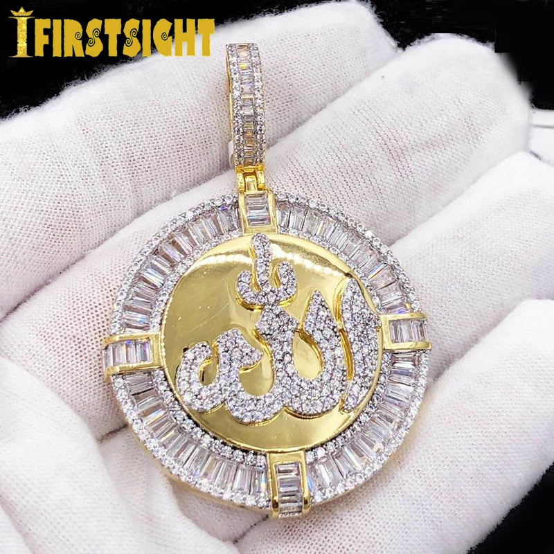 New Iced Round Muslims Allah Necklace Pave Zircon Rectangle