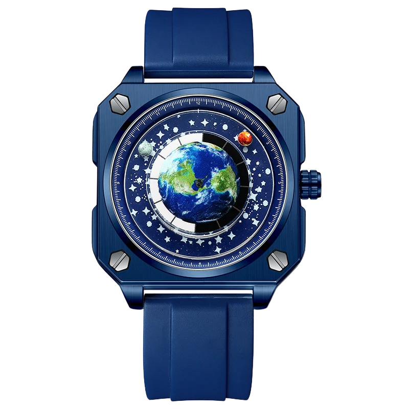 new concept wandering earth pattern men watch square blue planet rotating stainless steel waterproof quartz