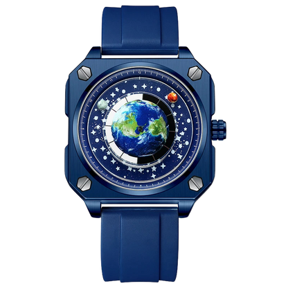 new concept wandering earth pattern men watch square blue planet rotating stainless steel waterproof quartz