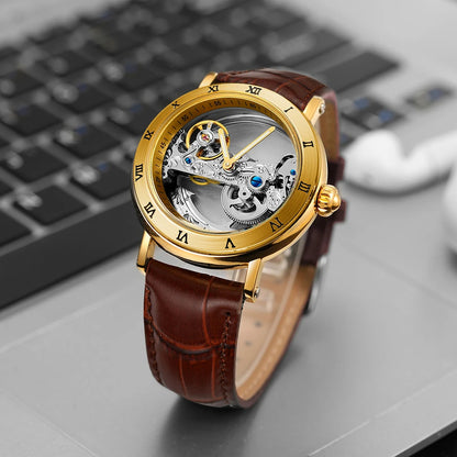 mechanical watches Golden Bridge Skeleton Automatic Men's Watch Luxury Genuine Leather Belt Carved Movement Luminous Pointer