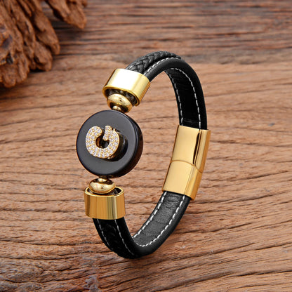 A-Z Initial Name Letter Zircon Bracelet Round Natural Stone Woven Leather