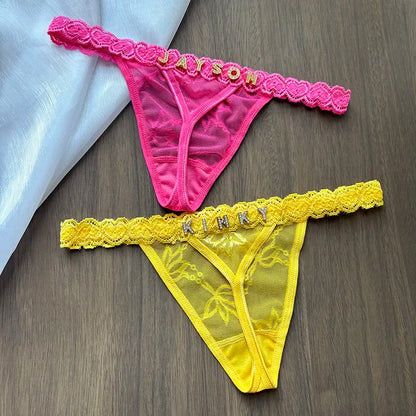 Personalized Custom Name Crystal Letter Thong Lace Bikini Panties