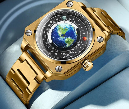 new concept wandering earth pattern men watch square blue planet rotating stainless steel waterproof quartz