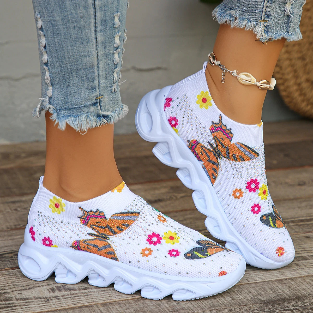 Butterfly Printed Sock Sneakers for Women, Crystal Floral Knitted Sneakers