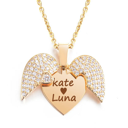 Personalized Women Chain Necklace Custom Engraved Heart Name Openable Heart Crystal Wings Pendant Neklace