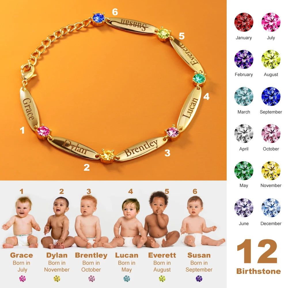 Customize Family Names Bracelet Free Engraving Bangle With Birthstone Crystal Personalized Women Mom