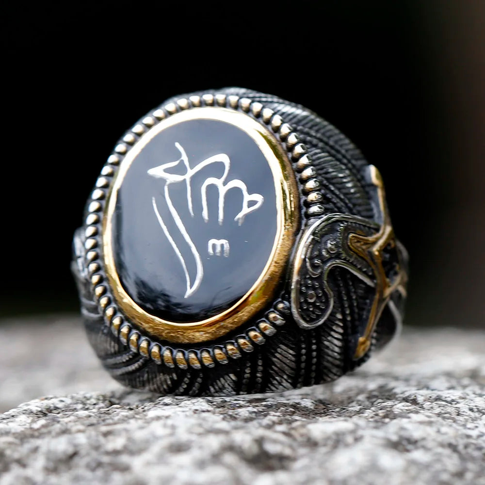 Islamic Alhamdulilah Stainless Steel Signet Ring Zircon Stone Ethnic Style