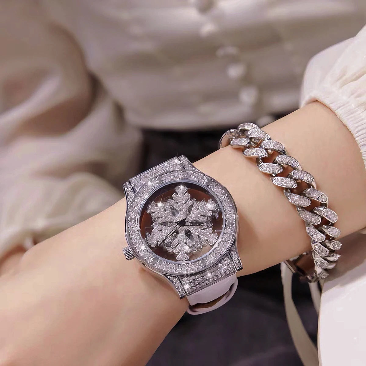 Women's Watch With Transparent Back, Diamond Inlay, Rotatable Starry Sky Dial, Snow Flake Pattern, Water Resist