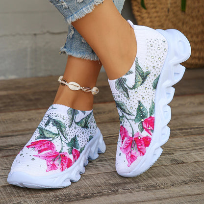 Butterfly Printed Sock Sneakers for Women, Crystal Floral Knitted Sneakers