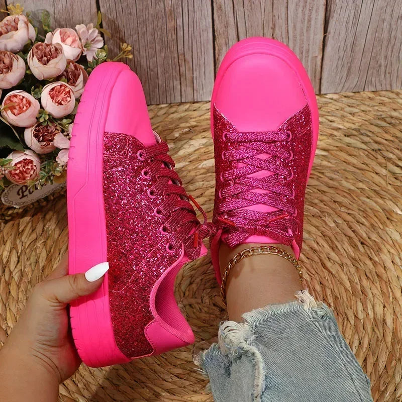 Women Sequins Sneakers Fashion Korean Style Lace Up Flat Shoes Thick Anti-slip