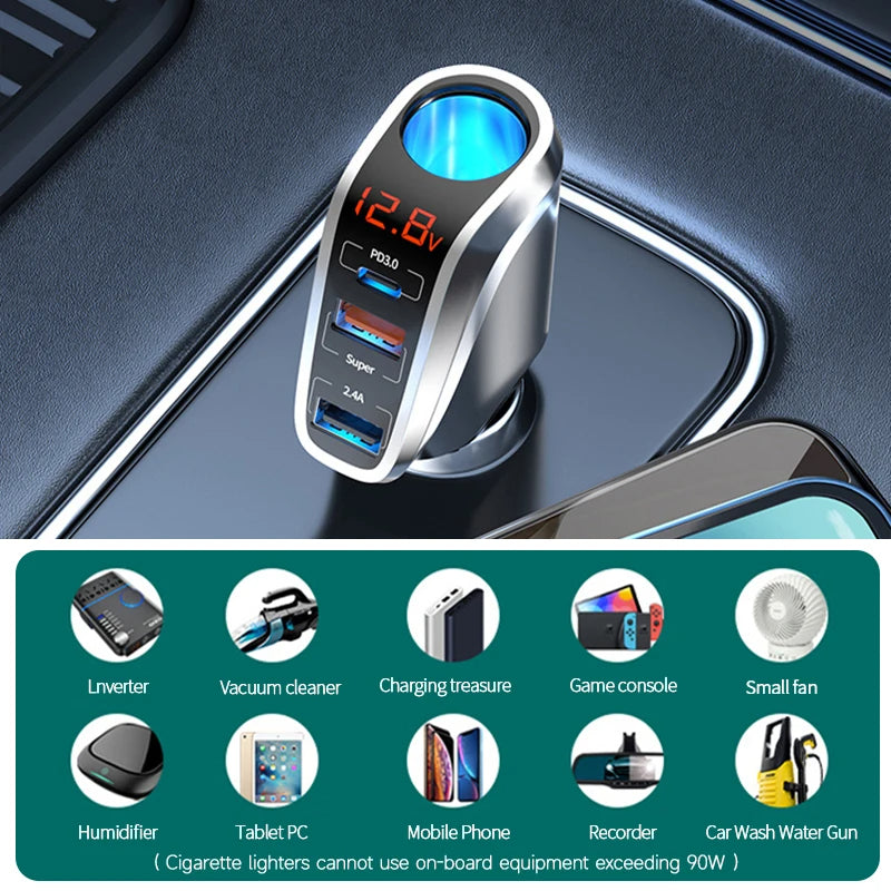 USB Car Charger Super Fast Charging QC3.0 PD 66W Quick Charge Cigarette Lighter Socket for iPhone Xiaomi Samsung