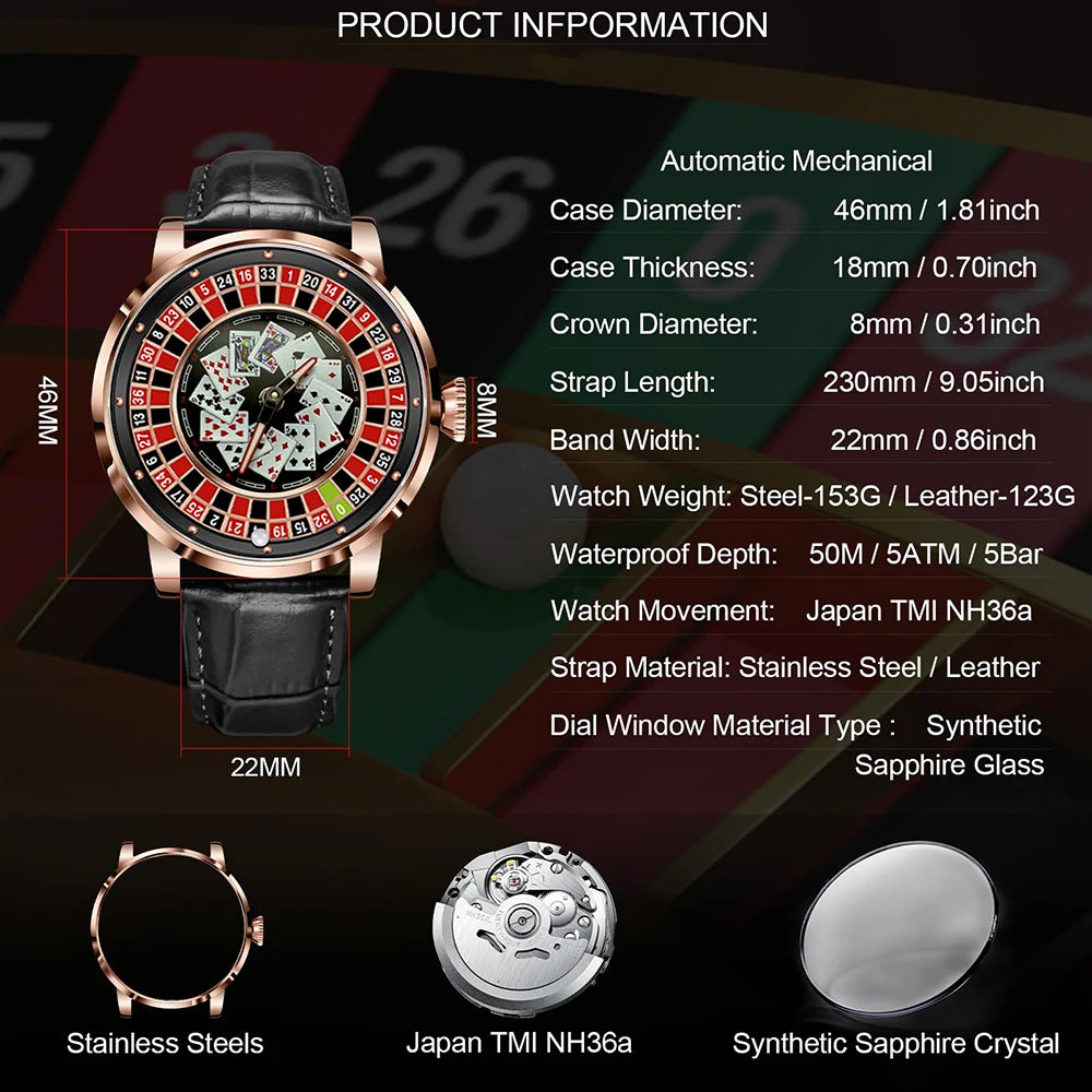 New Mechanical Watch Sapphire Glass Rotating Dial Las Vegas Roulette Desktop Theme Automatic Watch