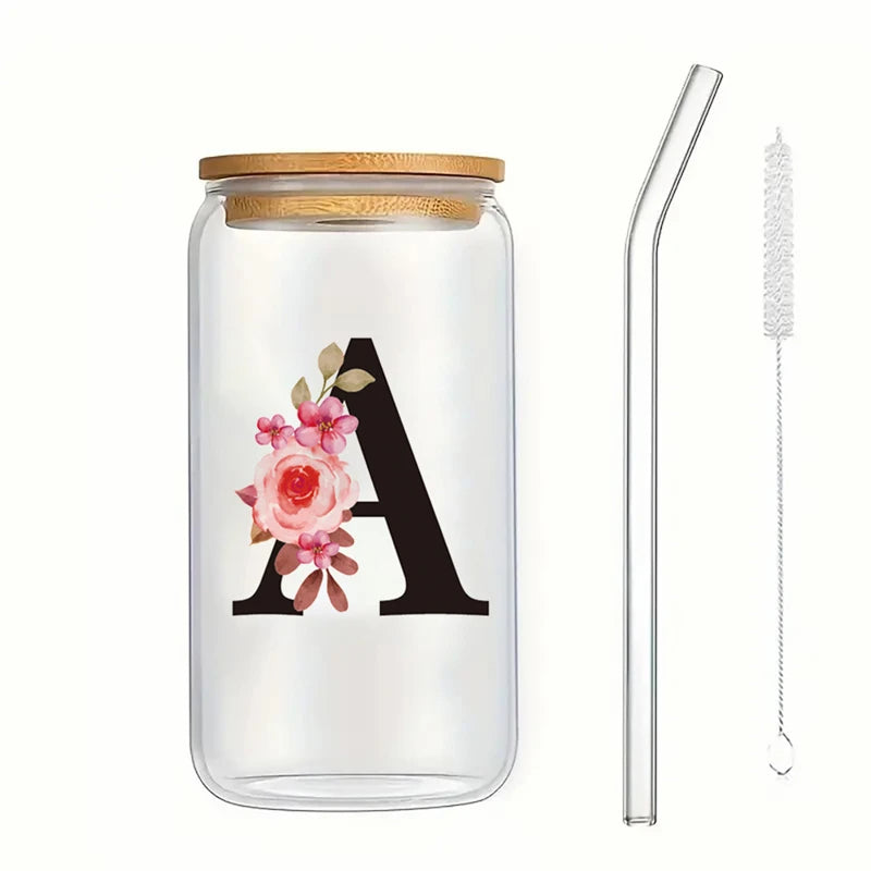 Alphabet Flowers Drinking Glass Letter A-Z Iced Coffee Water Juice Bottle