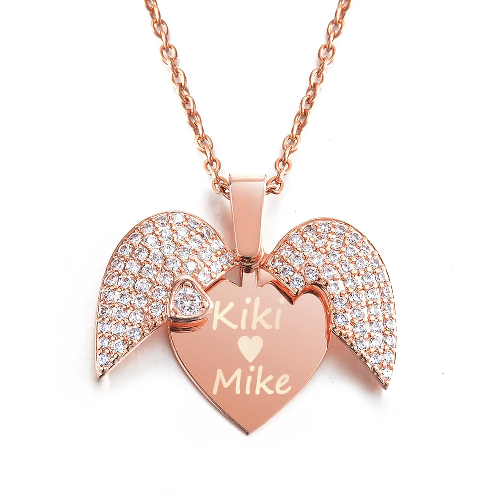 Personalized Women Chain Necklace Custom Engraved Heart Name Openable Heart Crystal Wings Pendant Neklace