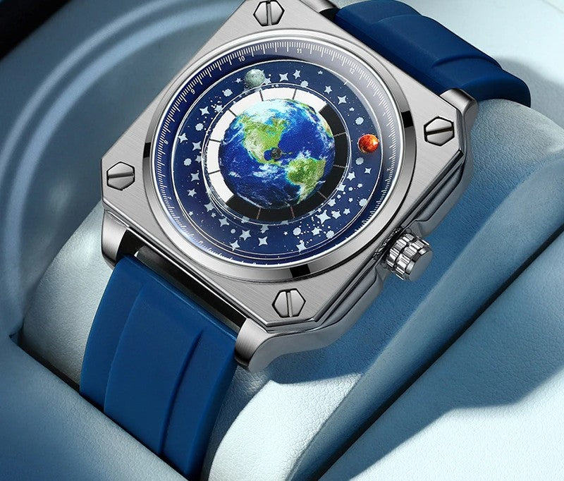 new concept wandering earth pattern men watch square blue planet rotating stainless steel waterproof quartz