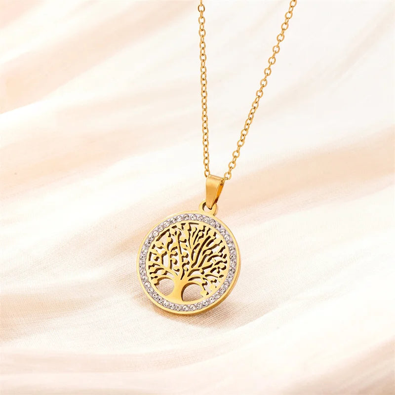 Stainless Steel Retro Hollow Inlaid Zircon Tree Of Life Peace Jewelry