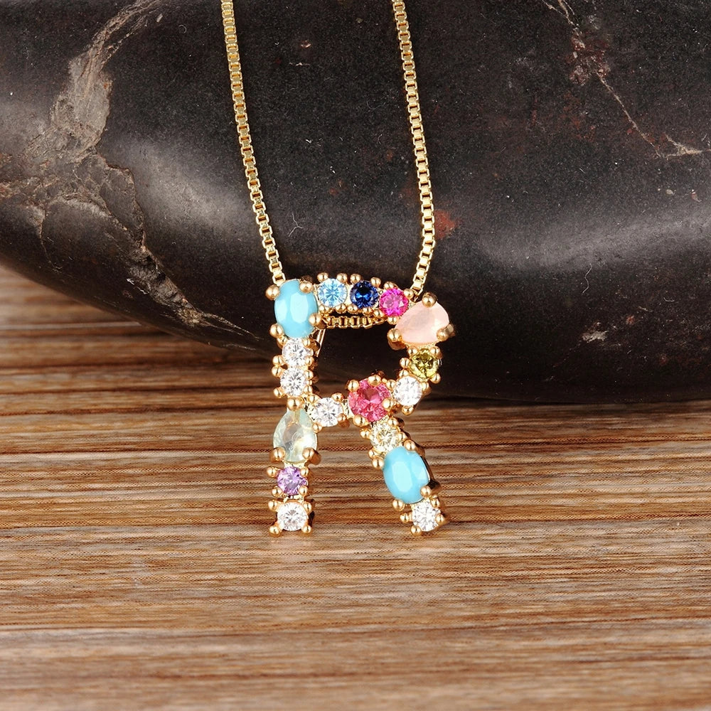 Rainbow Color A-Z Letters Necklace For Women Initials Alphabet