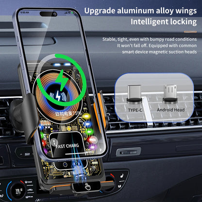 Magnetic Car Phone Holder 15W Wireless Fast Charging Infrared Sensing with Light Touch Control for iPhone Android