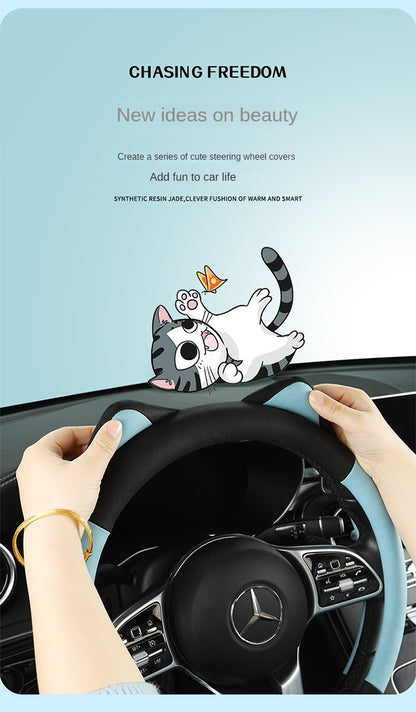 Car Steering Wheel Cover with Cat Ears Anti-slip Wear-resistant Technology Cloth Car Handle Cover Four Seasons