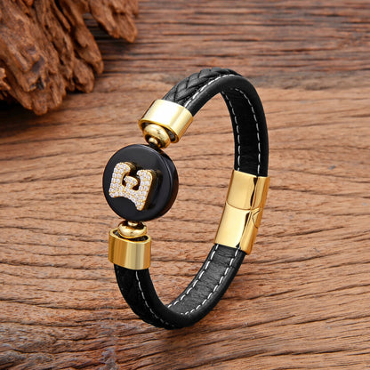 A-Z Initial Name Letter Zircon Bracelet Round Natural Stone Woven Leather