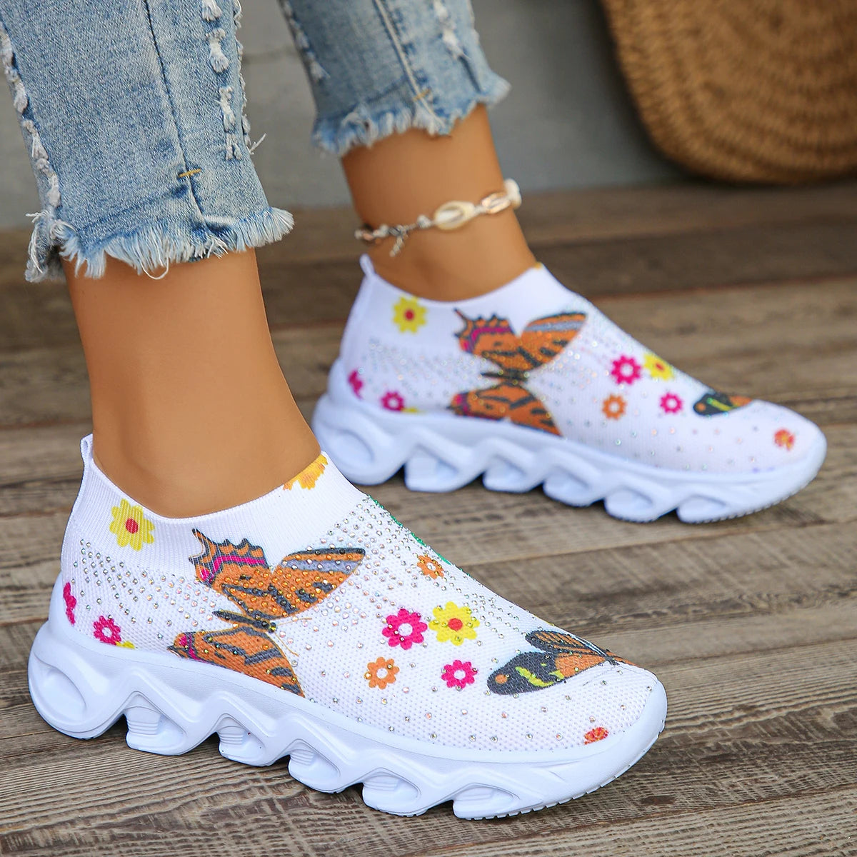 Crystal Floral Knitted Sneakers Women