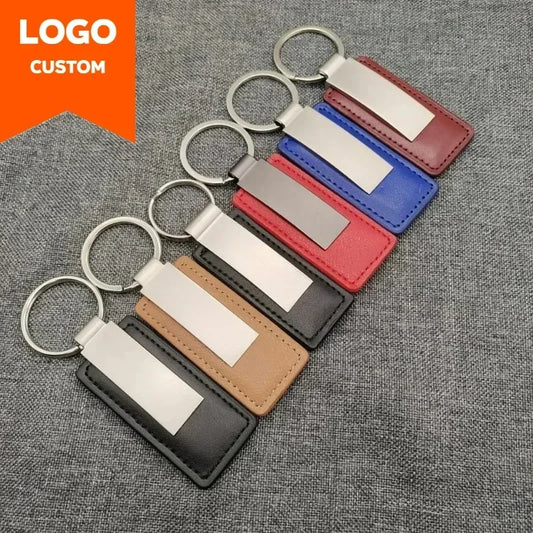 Laser Custom two sides Logo Leather Metal Keychain