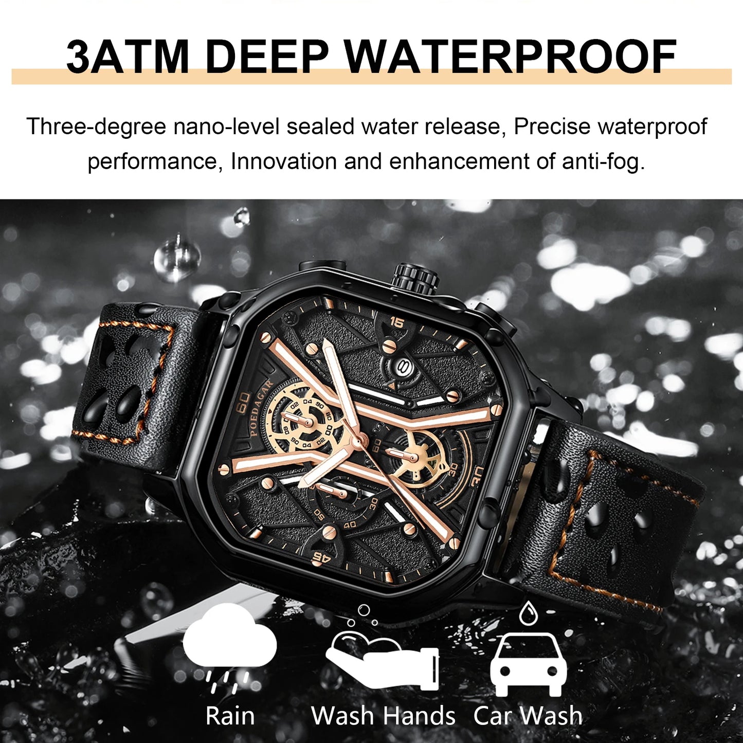 Men Wristwatches Luxury Chronograph Luminous Waterproof Watch Square Dial