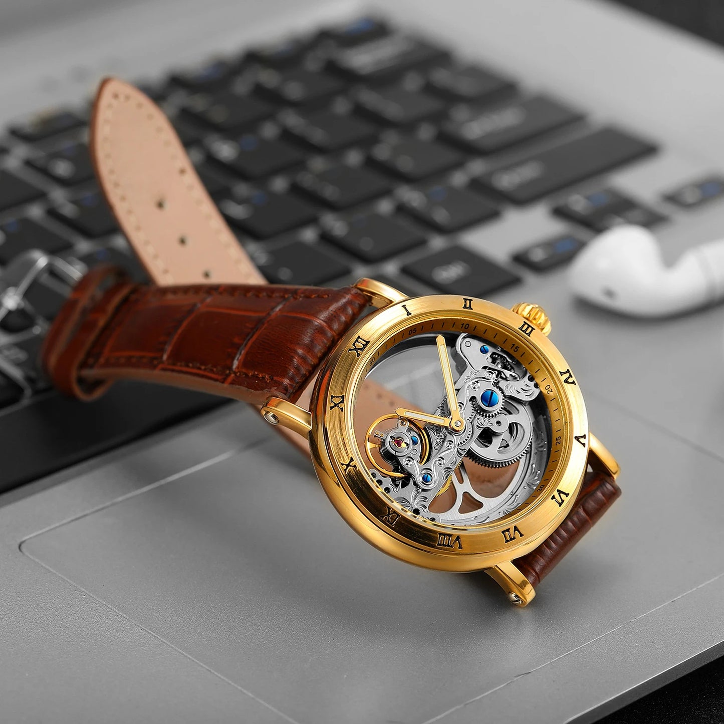 mechanical watches Golden Bridge Skeleton Automatic Men's Watch Luxury Genuine Leather Belt Carved Movement Luminous Pointer