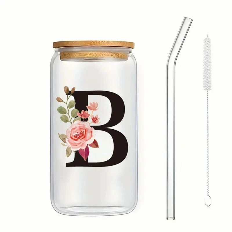 Alphabet Flowers Drinking Glass Letter A-Z Iced Coffee Water Juice Bottle