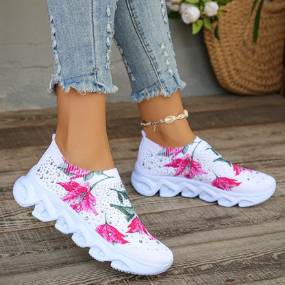 Butterfly Printed Sock Sneakers for Women, Crystal Floral Knitted Sneakers