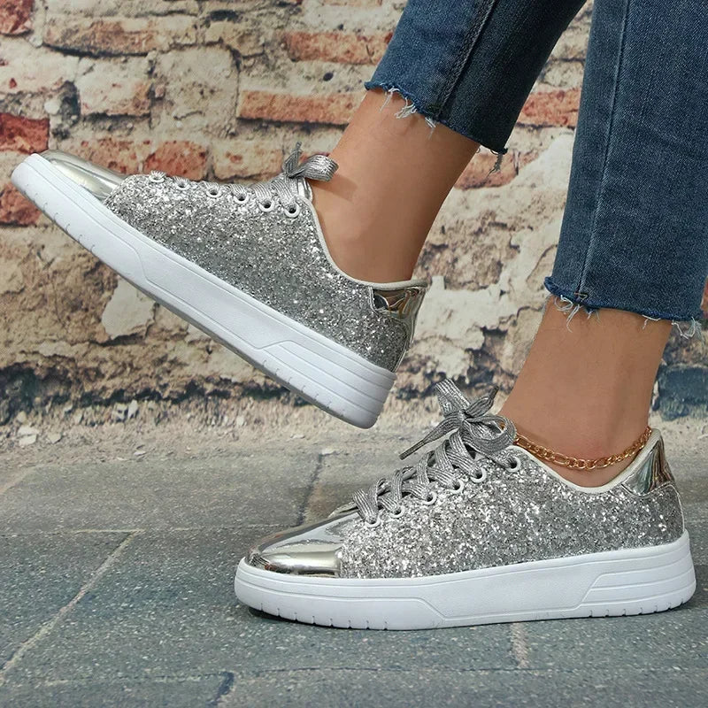 Women Sequins Sneakers Fashion Korean Style Lace Up Flat Shoes Thick Anti-slip