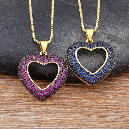 Heart Shape Hollow Crystal Zircon Pendant Link Chain Necklace for Women