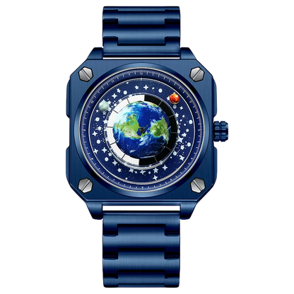 new concept wandering earth pattern men watch square blue planet rotating stainless steel waterproof quartz