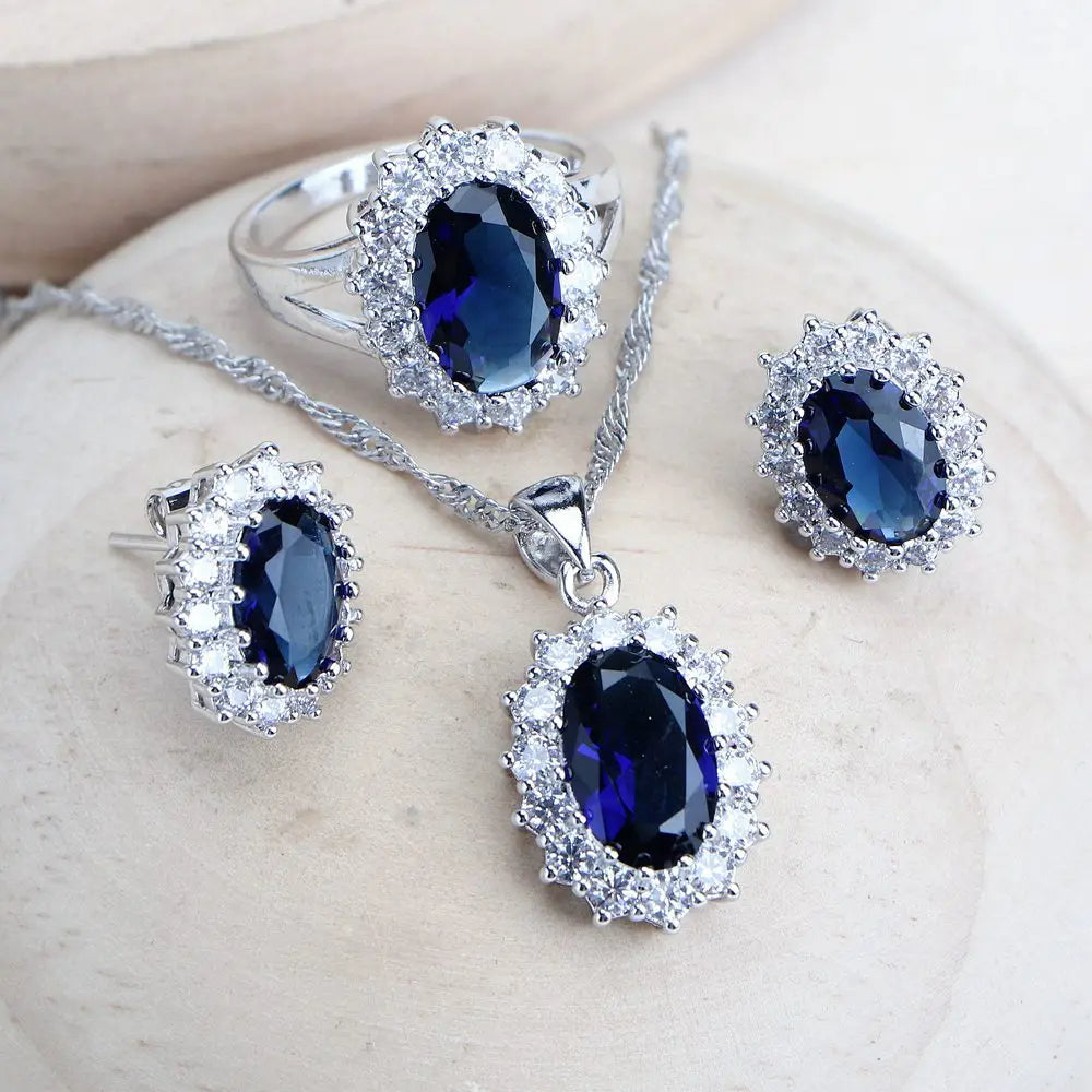 Silver 925 Women Jewelry Sets Blue Cubic Zirconia