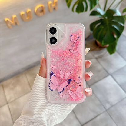 Moving Sand Luminous Phone Case 16 Cover for iPhone 14 15 Pro Max Shell Glow in Dark Liquid Glitter Quicksand Hard Fundas Coque